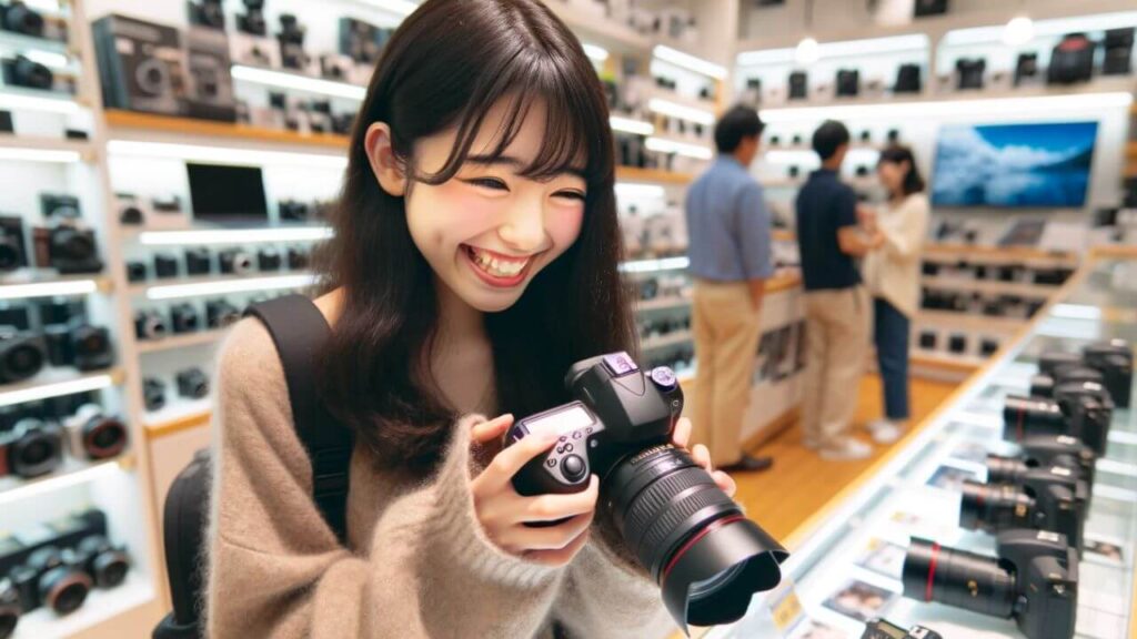 カメラショップで楽しそうにカメラを選ぶ日本人女性